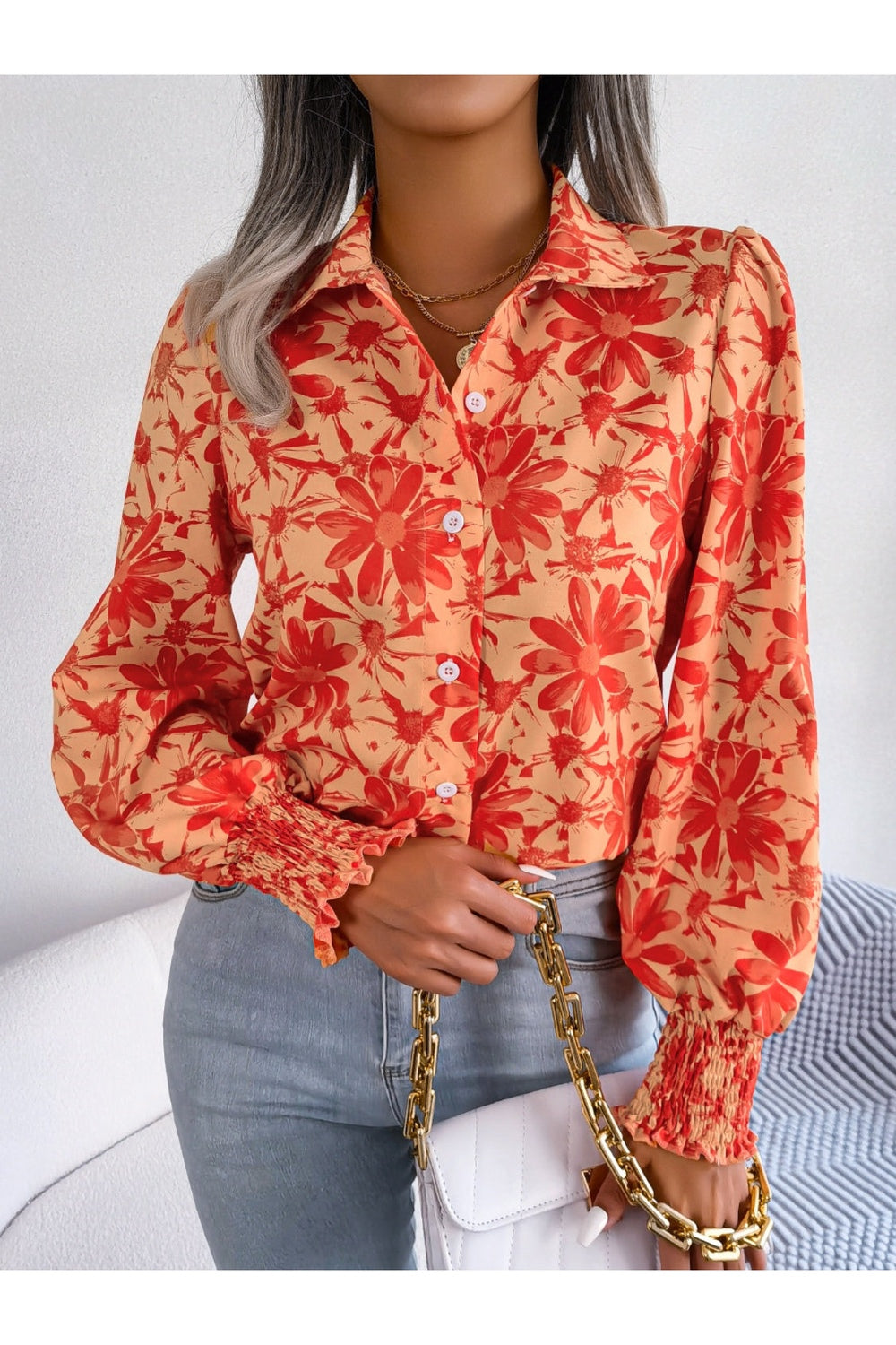 Floral Collared Neck Long Sleeve Shirt - Shirts - FITGGINS