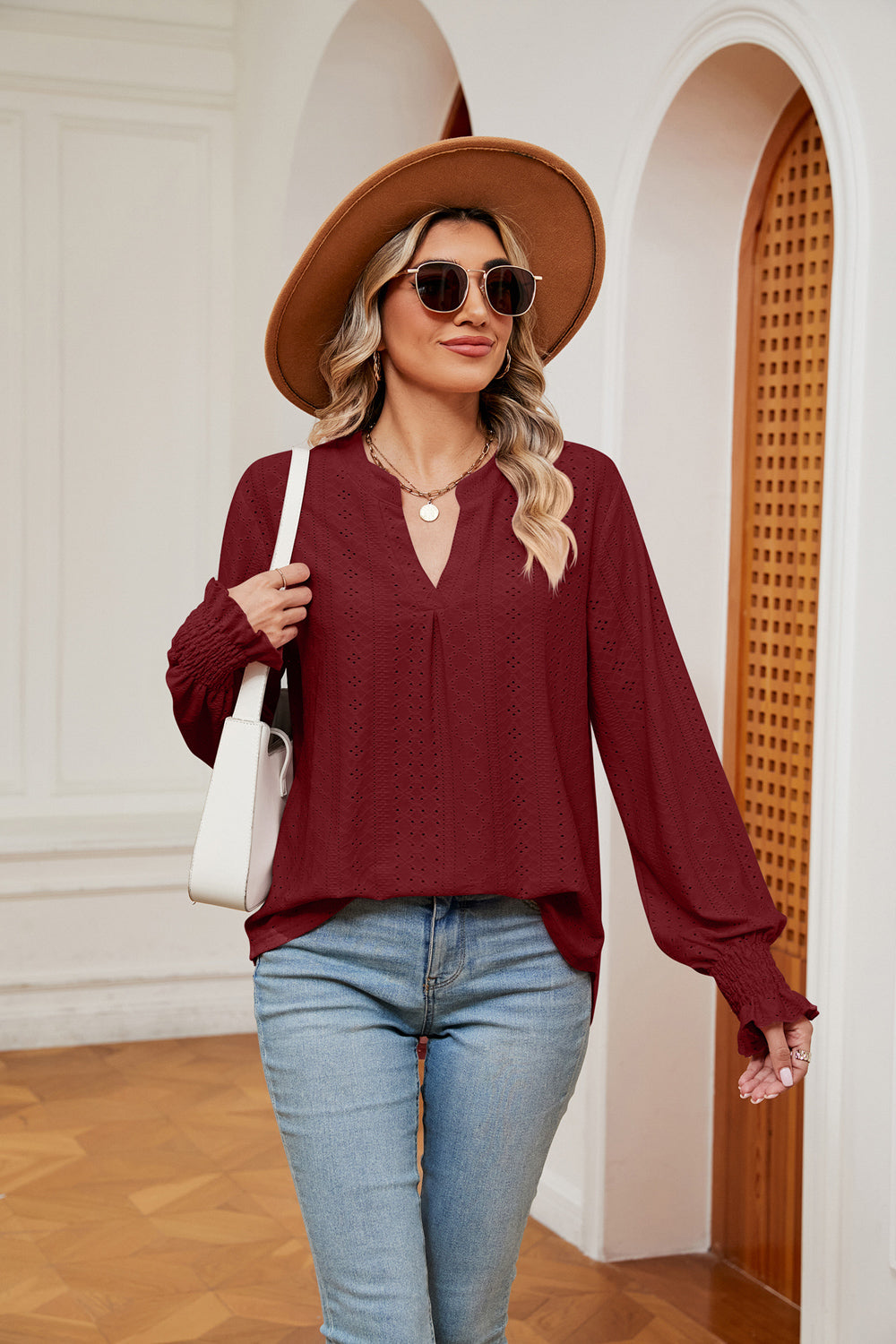 Notched Neck Flounce Sleeve Blouse Wine Fitggins