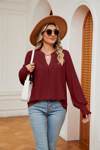 Notched Neck Flounce Sleeve Blouse Wine Fitggins