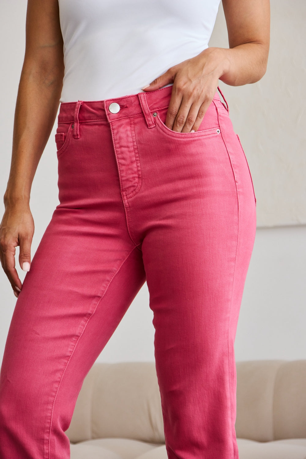 RFM Crop Dylan Full Size Tummy Control High Waist Raw Hem Jeans - Jeans - FITGGINS
