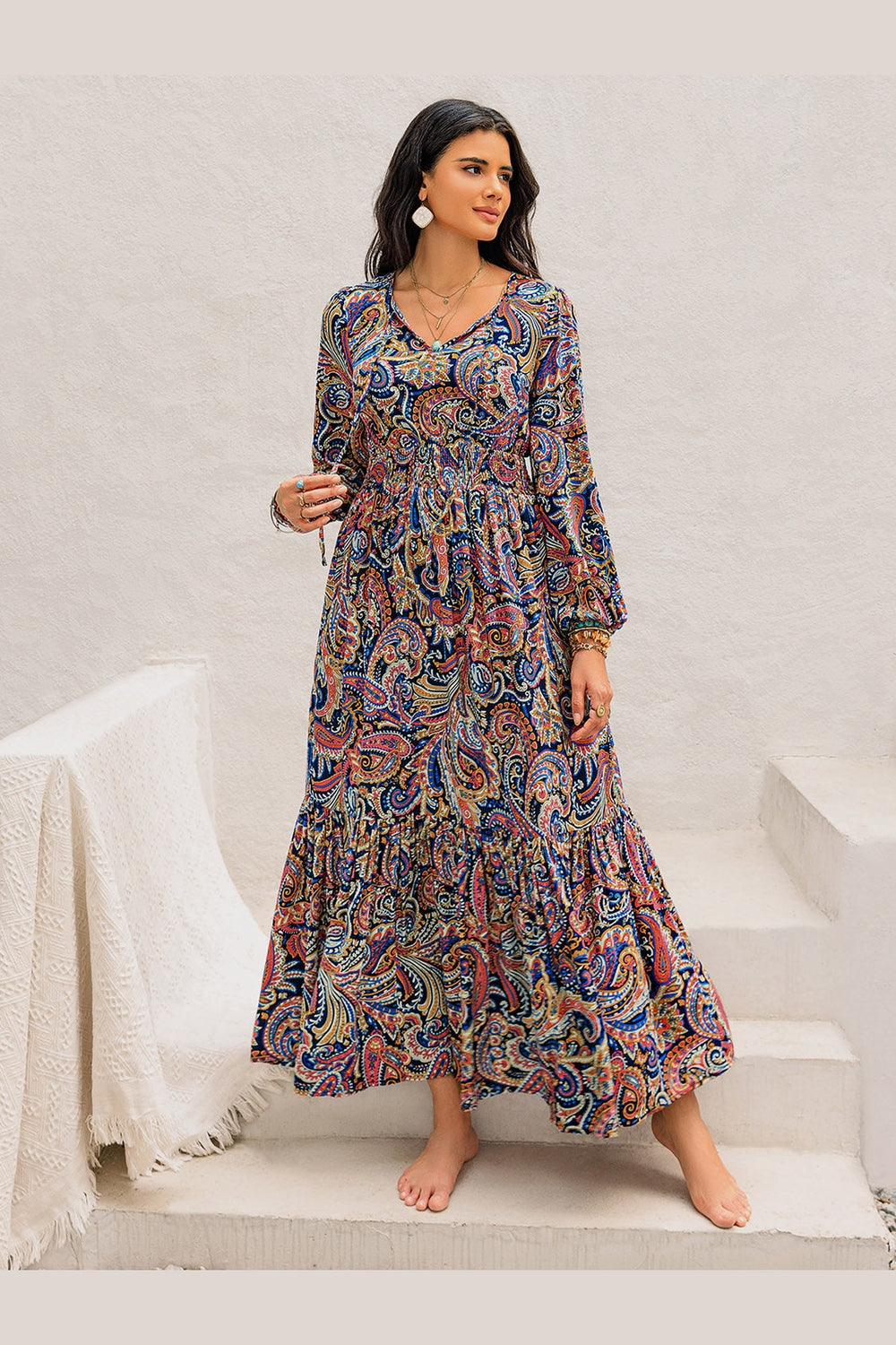 Printed Tie Neck Long Sleeve Midi Dress - Casual & Maxi Dresses - FITGGINS