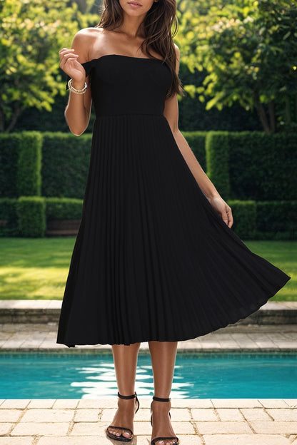 Perfee Pleated Off-Shoulder Midi Dress - - FITGGINS