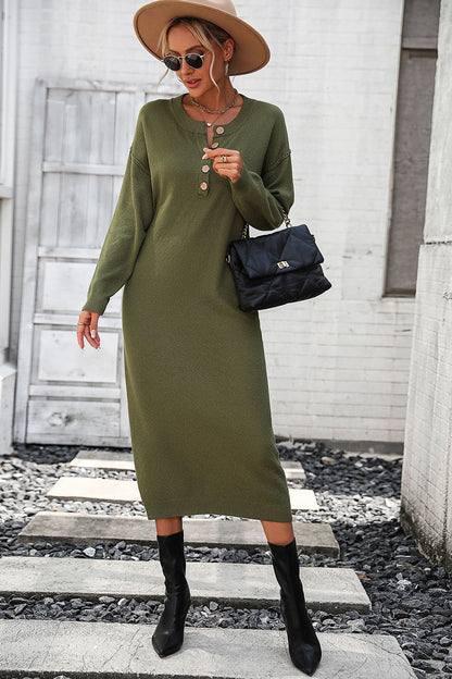 Decorative Button Notched Dropped Shoulder Sweater Dress - Sweater Dresses - FITGGINS