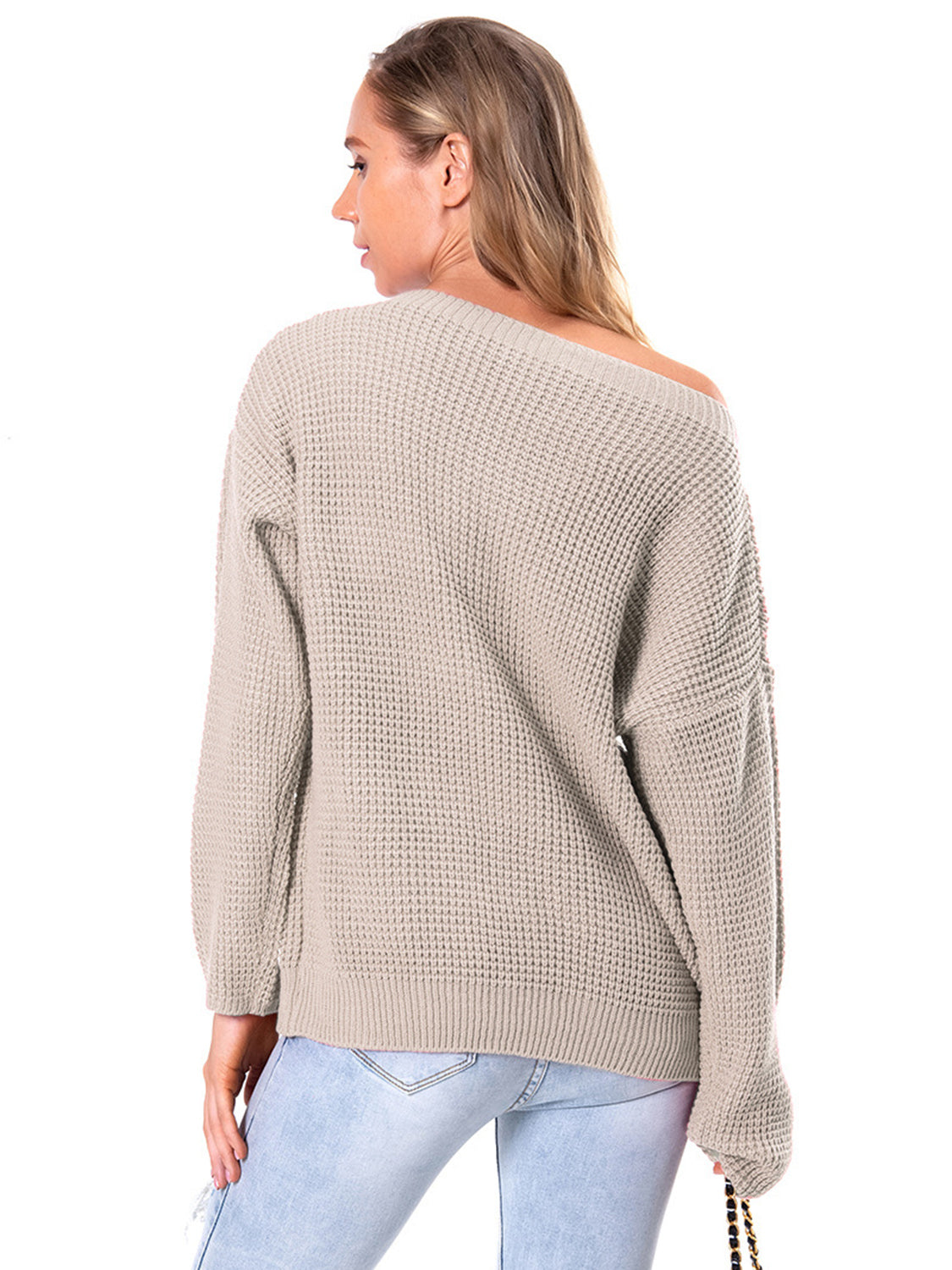 Boat Neck Drop Shoulder Long Sleeve Sweater Fitggins