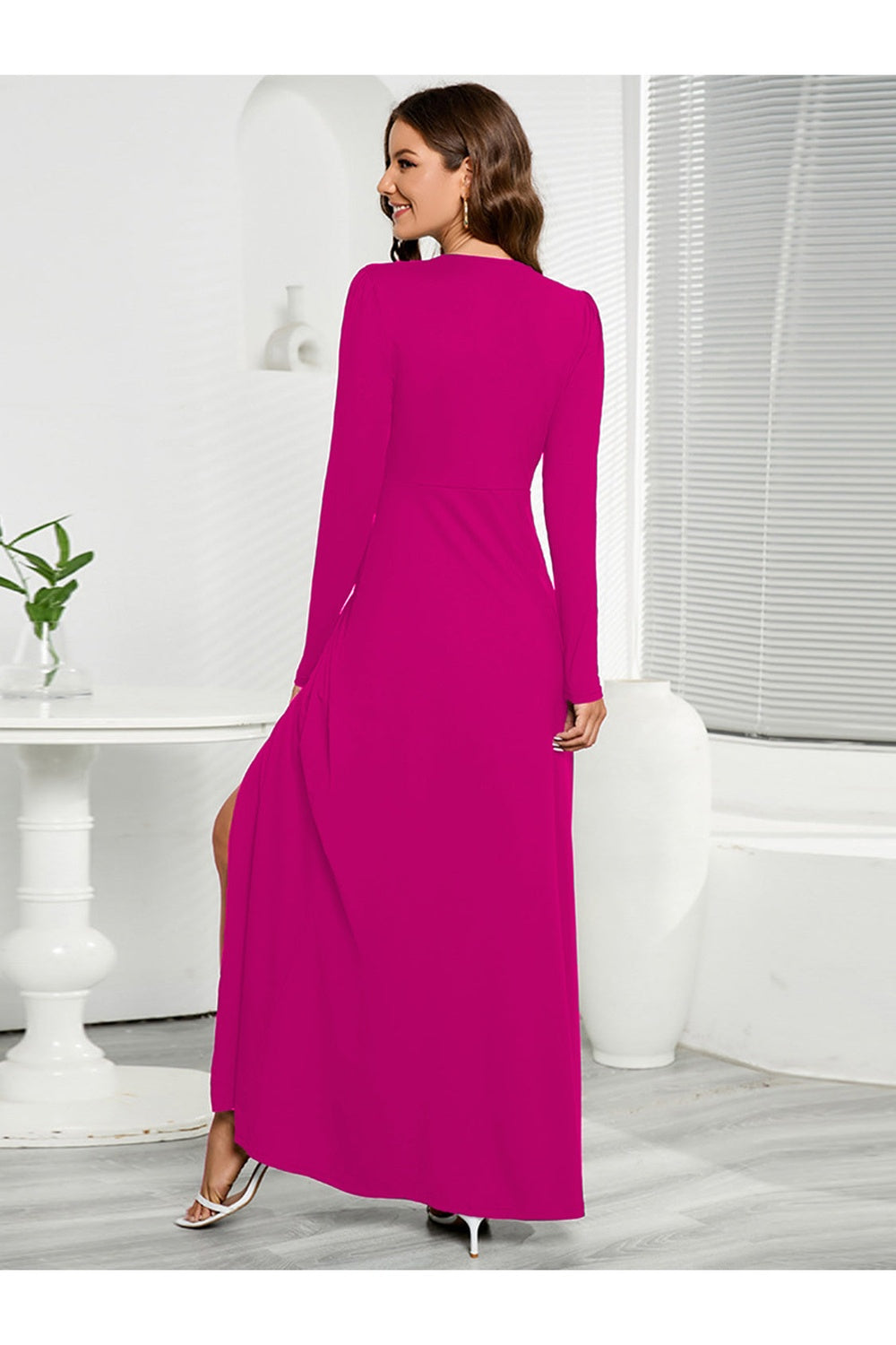 V-Neck Long Sleeve Split Dress - - FITGGINS