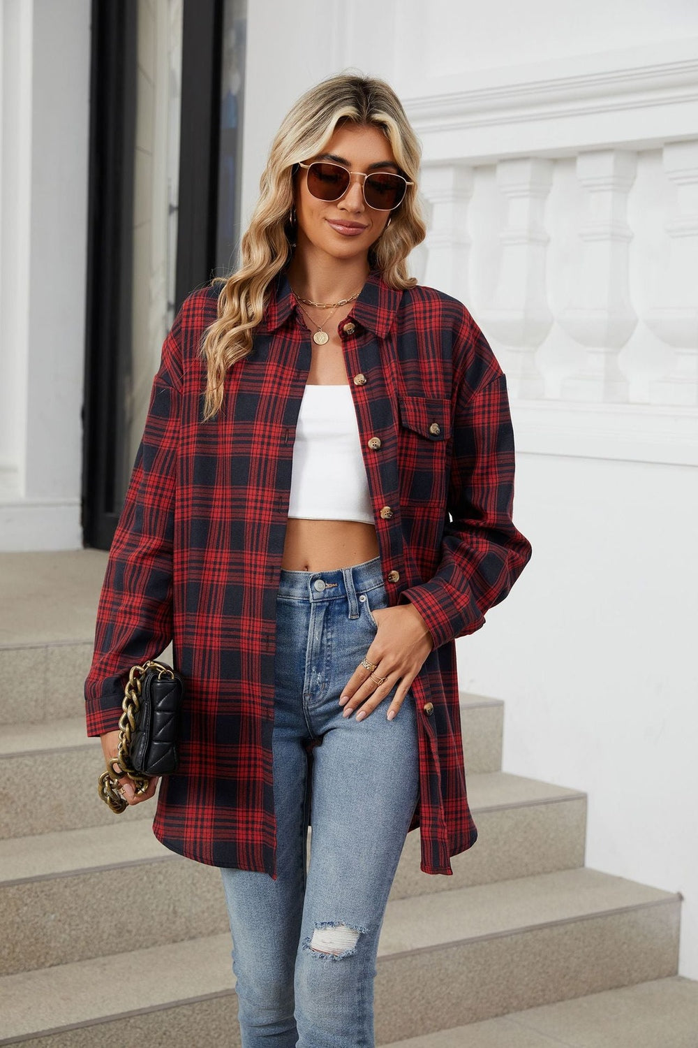 Plaid Collared Neck Long Sleeve Shirt - Shirts - FITGGINS