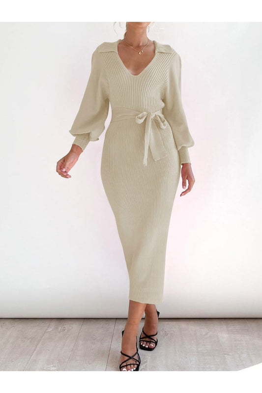 Perfee Tied Long Sleeve Wrap Sweater Dress - Sweater Dresses - FITGGINS