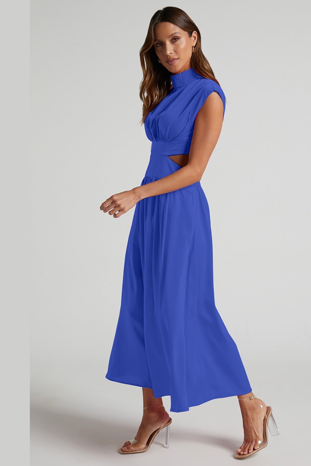 Cutout Mock Neck Sleeveless Ruched Dress - Cocktail Dresses - FITGGINS