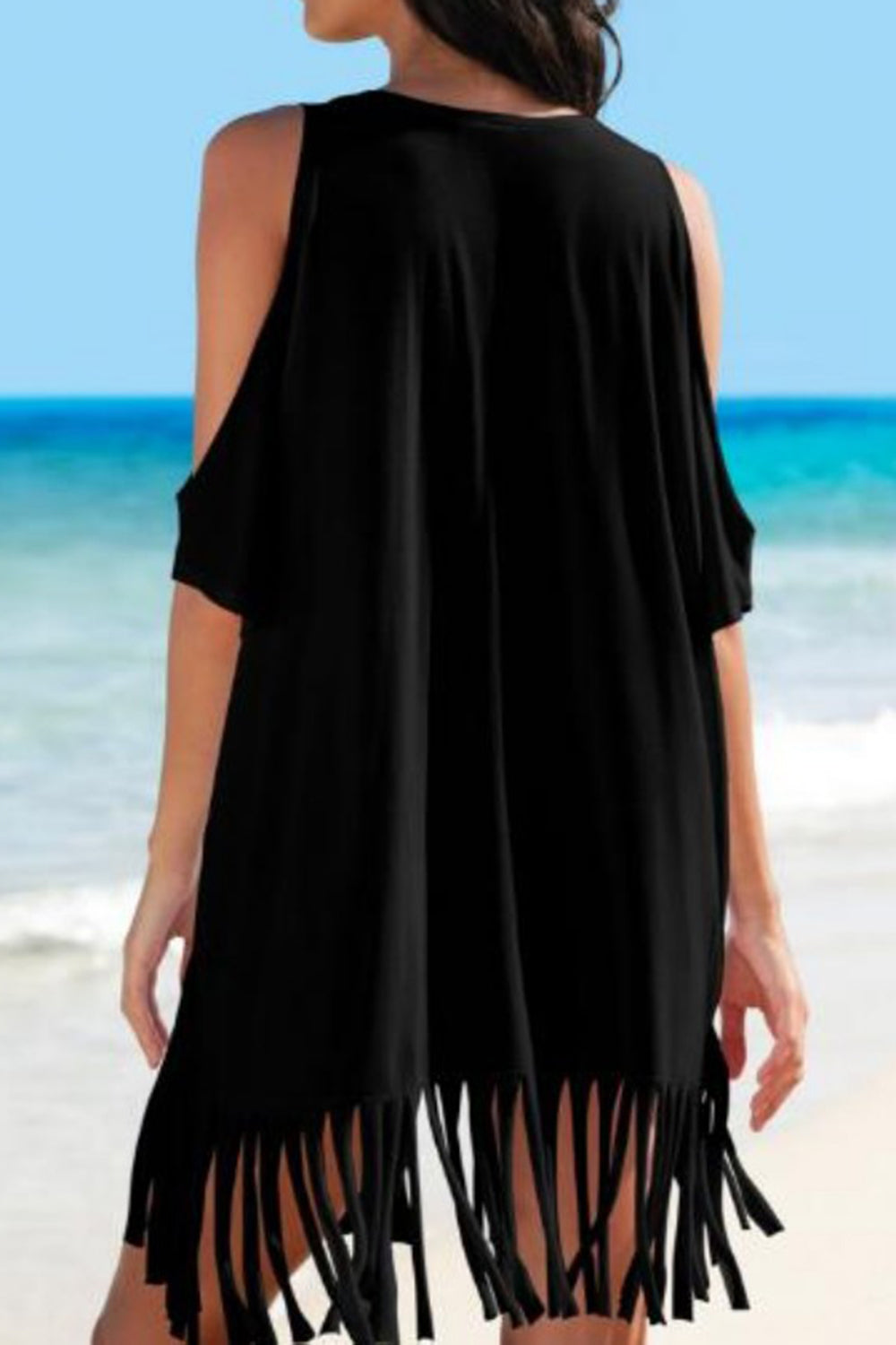 Fringe V-Neck Cold Shoulder Cover Up - Cover-Ups - FITGGINS