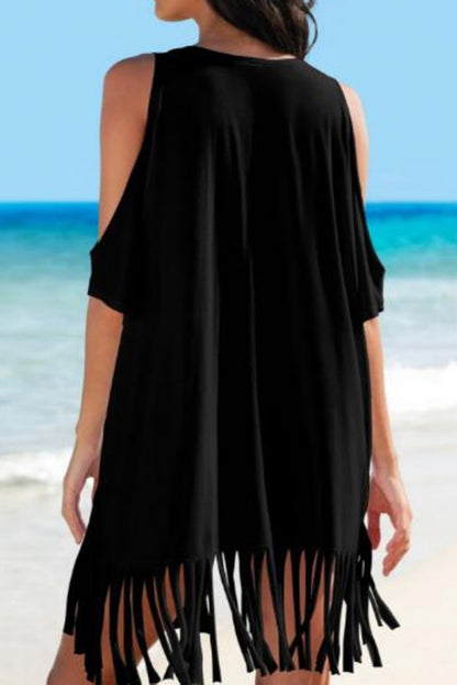 Fringe V-Neck Cold Shoulder Cover Up - Cover-Ups - FITGGINS