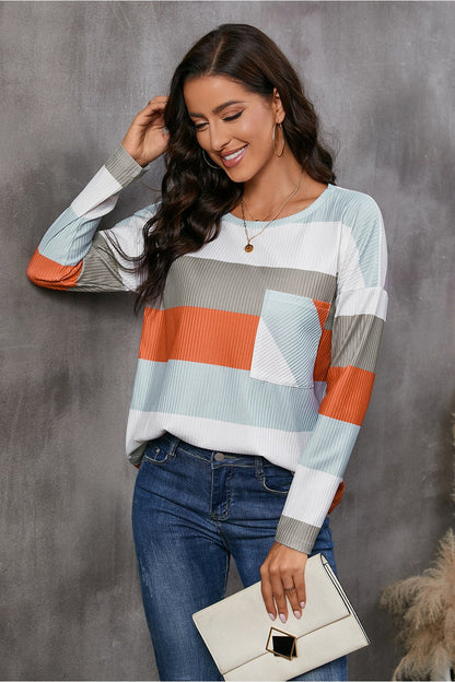 Wide Stripe Top with Pocket - Blouses - FITGGINS