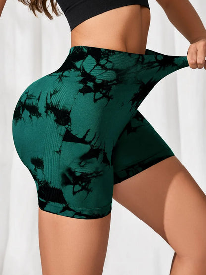Tie-Dye High Waist Active Shorts Dark Green Fitggins
