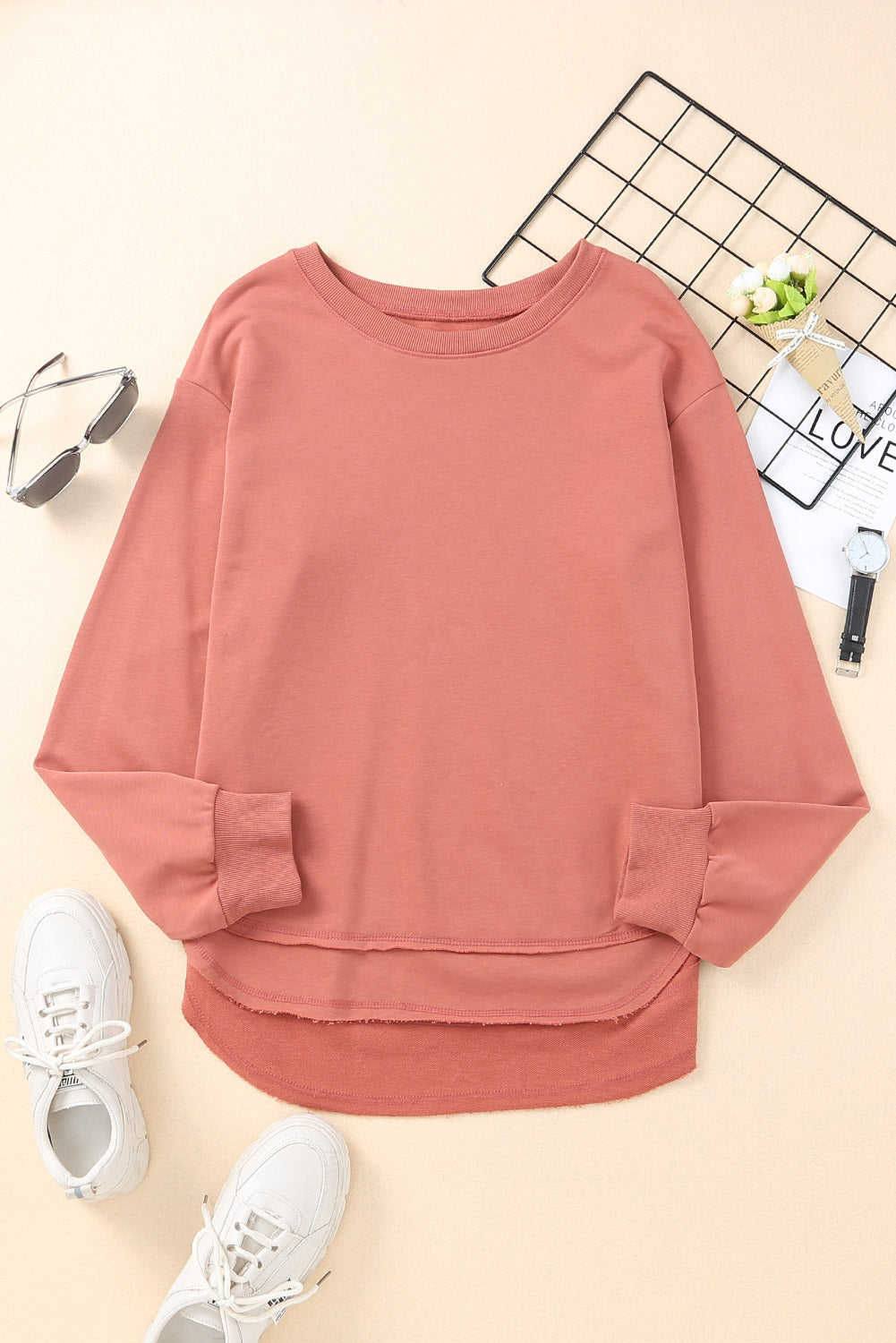 Side Slit Drop Shoulder Sweatshirt Salmon Fitggins