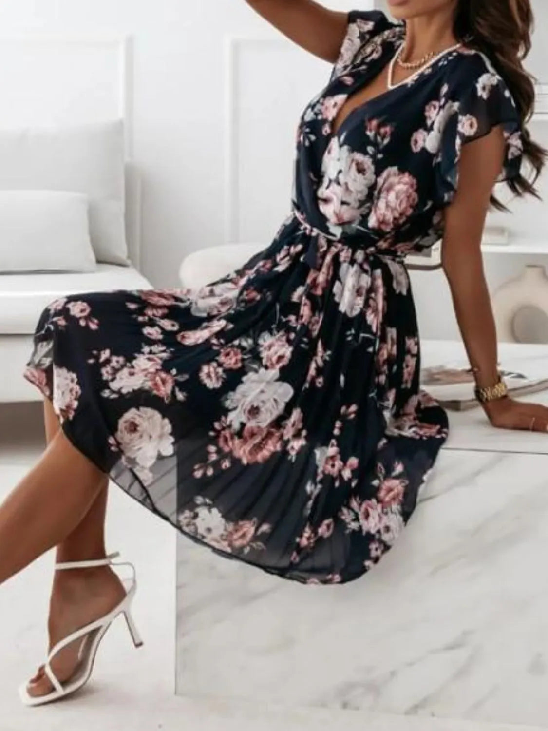 Floral Surplice Ruffled Cap Sleeve Dress Fitggins