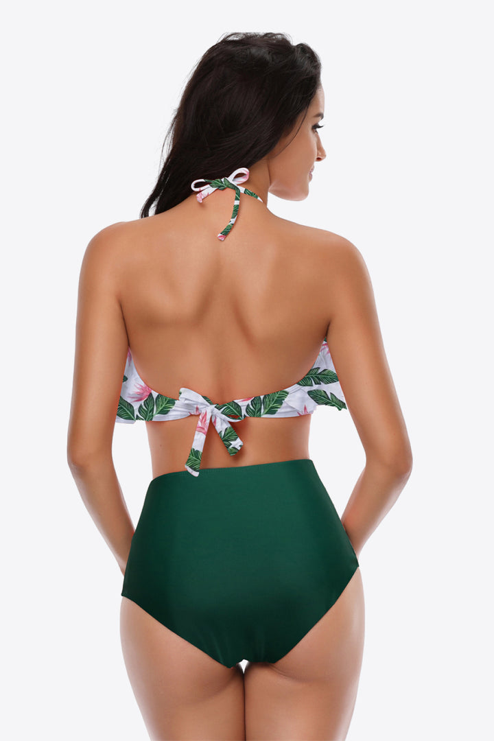 Two-Tone Ruffled Halter Neck Two-Piece Swimsuit - Bikinis & Tankinis - FITGGINS