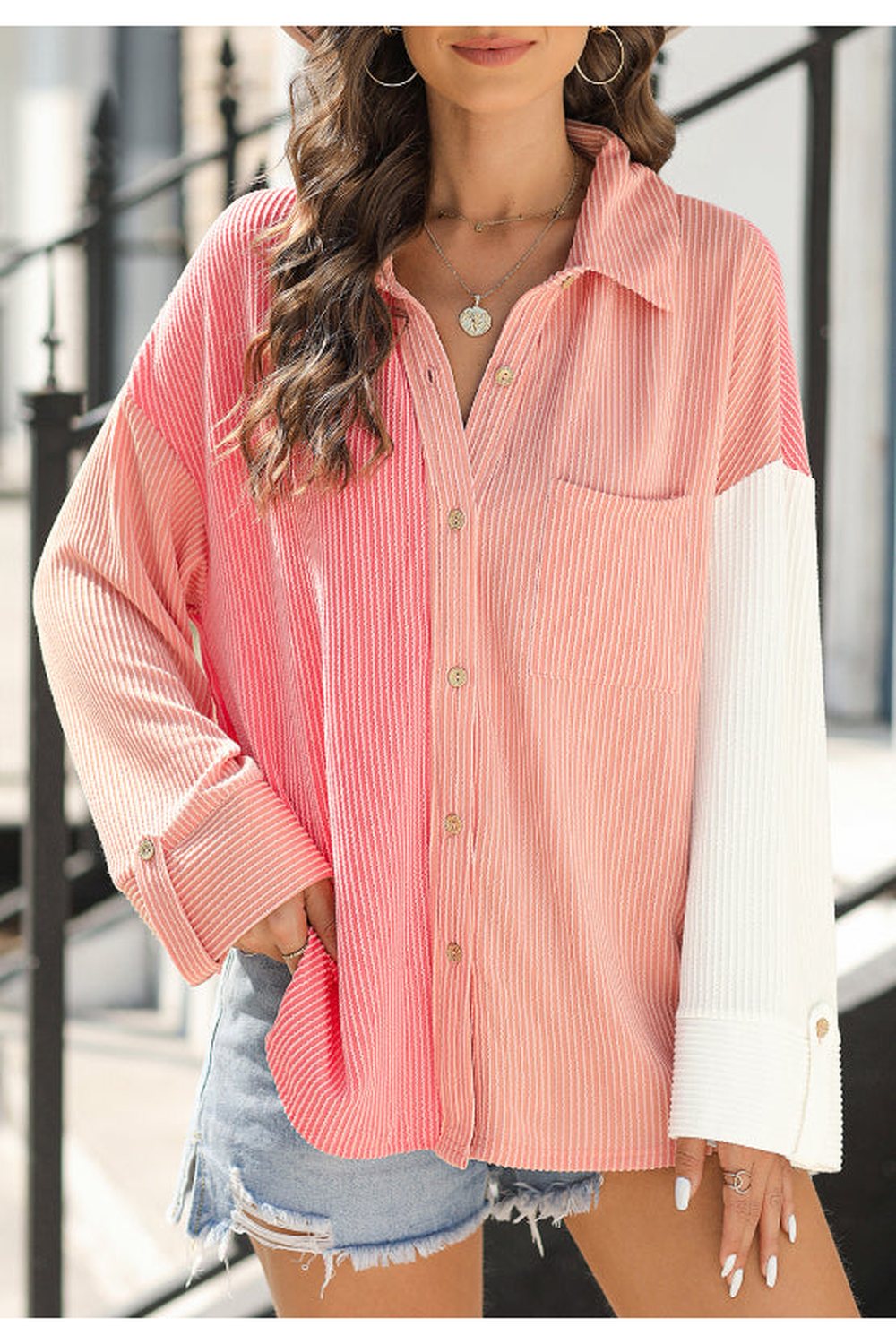 Pocketed Color Block Collared Neck Long Sleeve Shirt - Shirts - FITGGINS