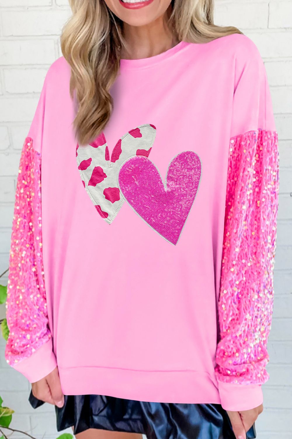 Valentine’s Day Sequin Heart Long Sleeve Sweatshirt - Sweatshirts & Hoodies - FITGGINS