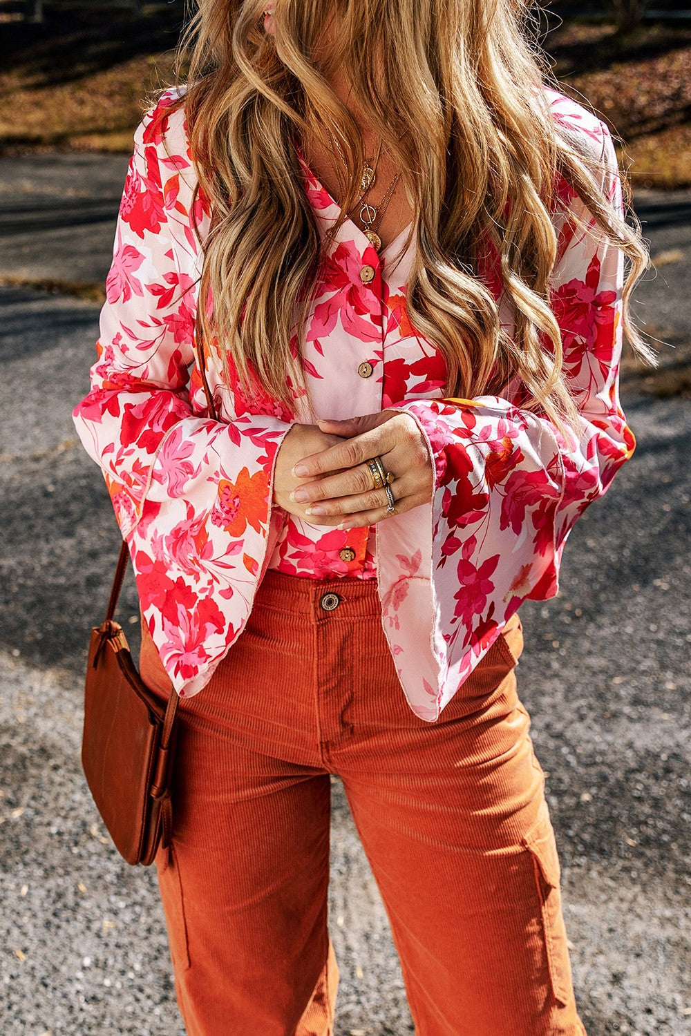 Floral Flare Sleeve Button Up V-Neck Bodysuit - Bodysuits - FITGGINS