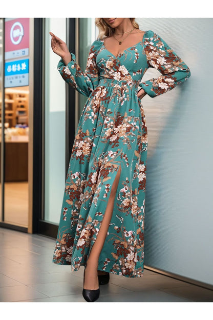 Perfee Slit Printed Surplice Long Sleeve Maxi Dress - Casual & Maxi Dresses - FITGGINS