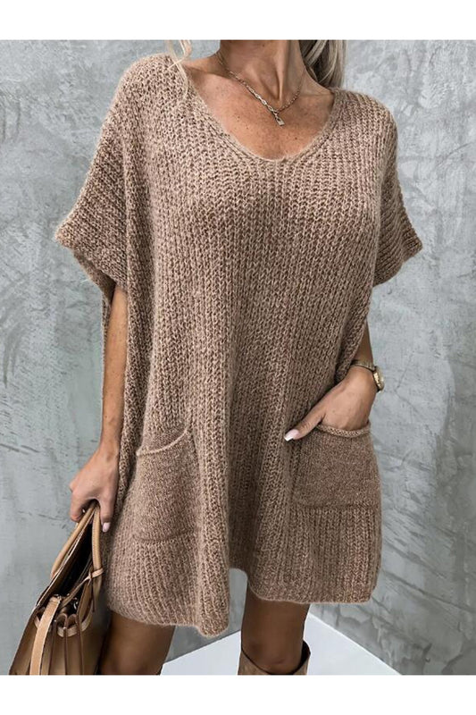 Short Sleeve Sweater Dress with Pockets - Sweater Dresses - FITGGINS