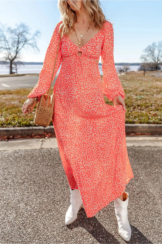 Printed V-Neck Long Sleeve Midi Dress - Casual & Maxi Dresses - FITGGINS