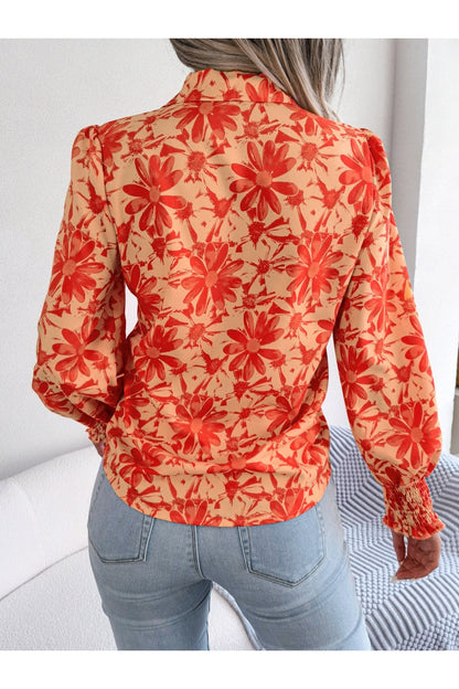 Floral Collared Neck Long Sleeve Shirt - Shirts - FITGGINS