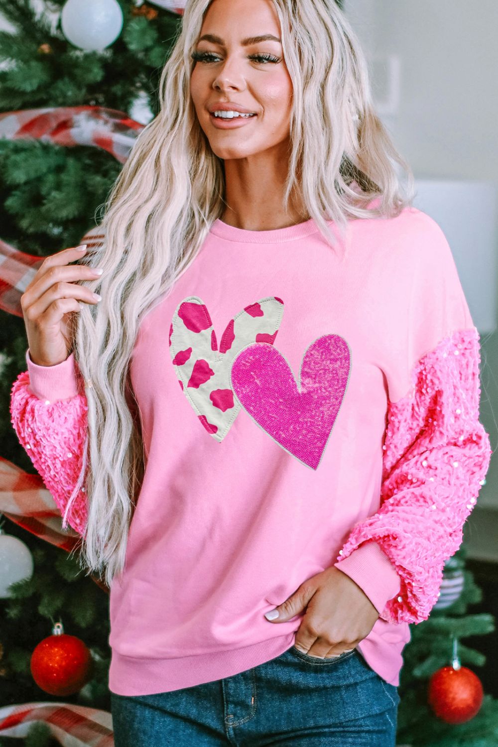 Valentine’s Day Sequin Heart Long Sleeve Sweatshirt - Sweatshirts & Hoodies - FITGGINS