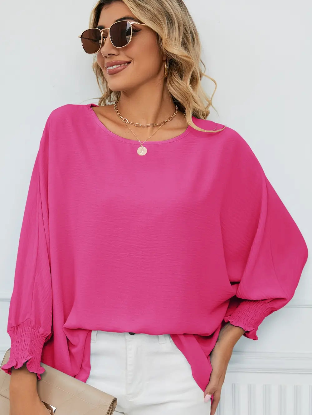 Smocked Lantern Sleeve Round Neck Blouse Fitggins