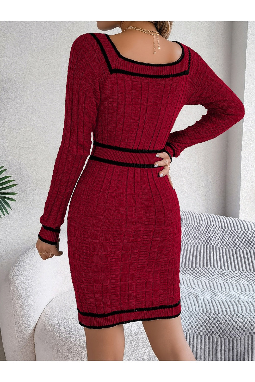 Contrast Trim Long Sleeve Sweater Dress - Sweater Dresses - FITGGINS