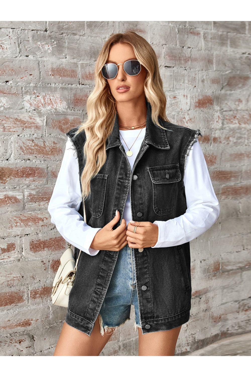 Raw Hem Sleeveless Button Up Denim Jacket - Denim Jackets - FITGGINS