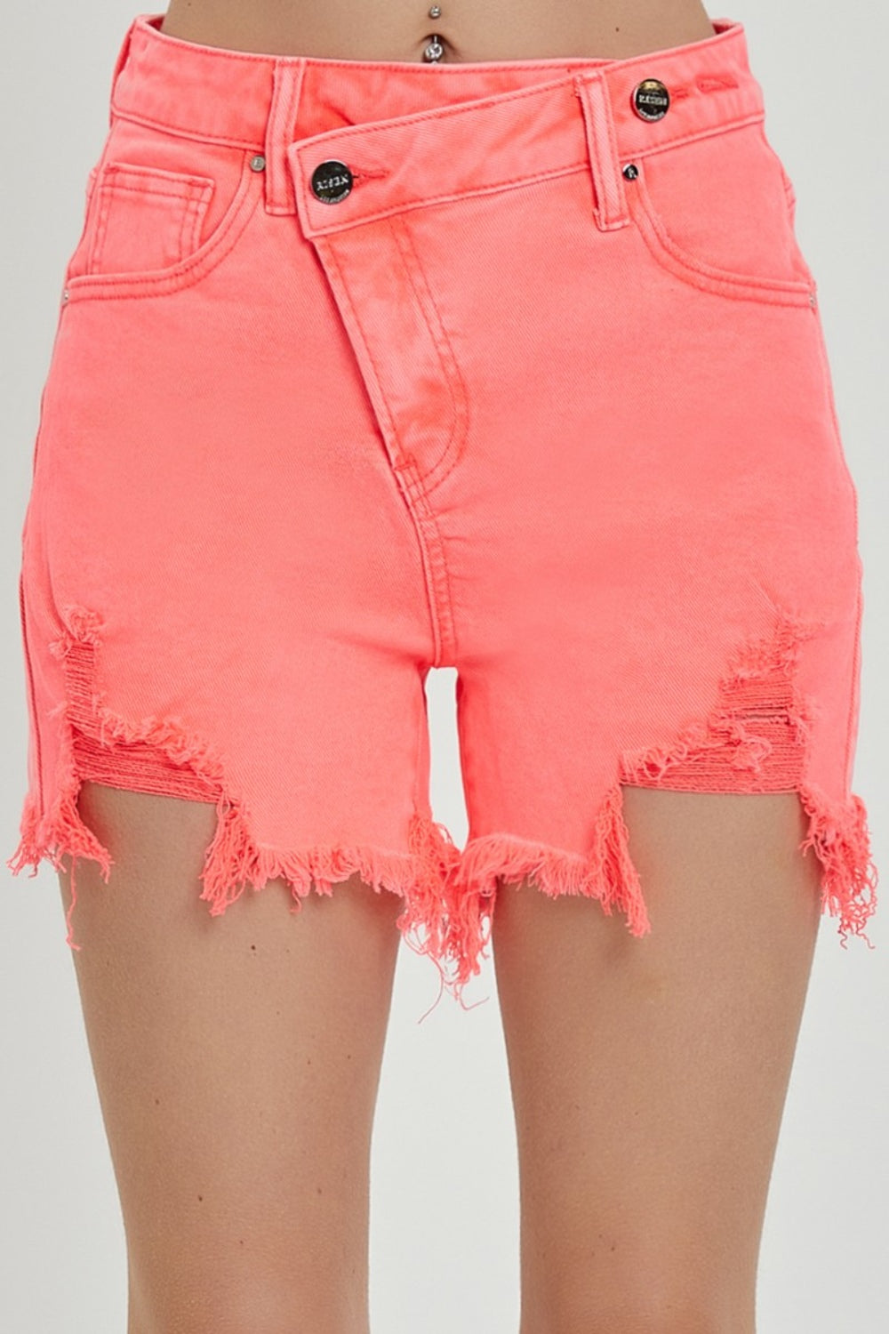 RISEN Raw Hem Asymmetrical Waist Denim Shorts - Denim Shorts - FITGGINS