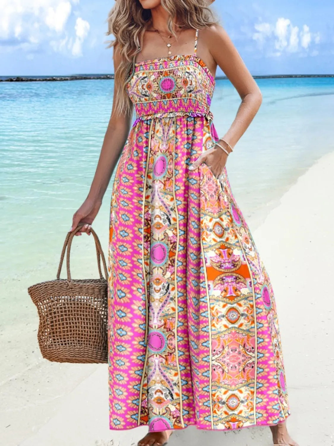 Printed Smocked Maxi Cami Dress Pink Fitggins