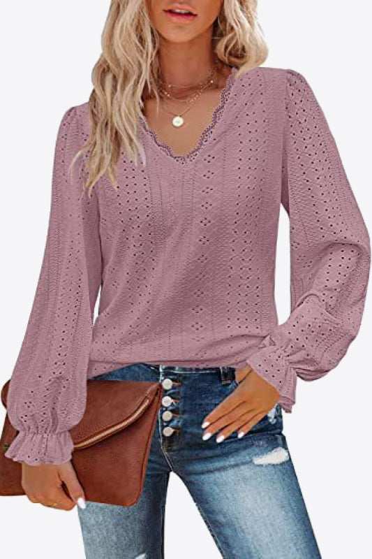 Eyelet V-Neck Flounce Sleeve Blouse Pink Purple Fitggins
