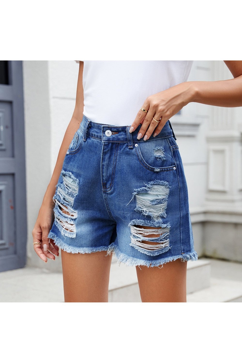 Distressed Raw Hem Denim Shorts - Denim Shorts - FITGGINS