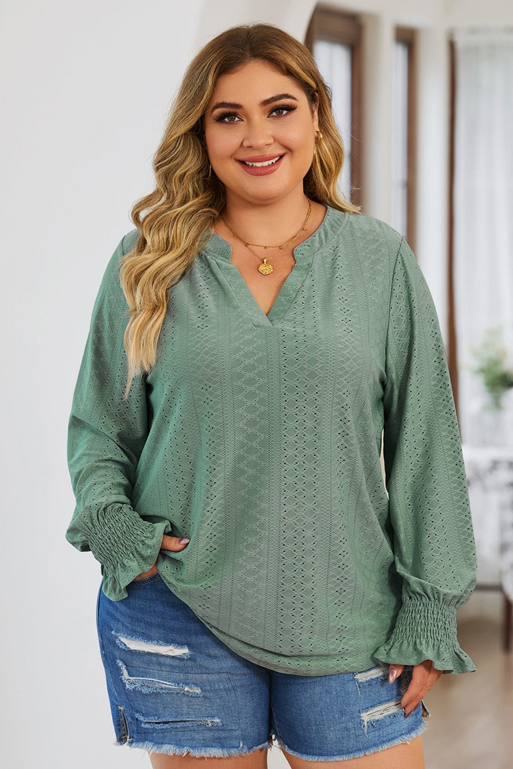 Plus Size Eyelet Notched Flounce Sleeve Blouse - Blouses - FITGGINS