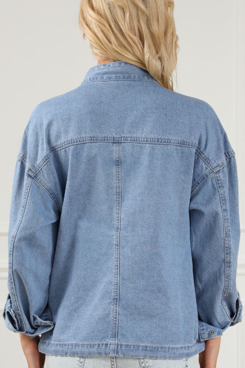 Drawstring Snap Down Denim Jacket with Chest Pockets - Denim Jackets - FITGGINS