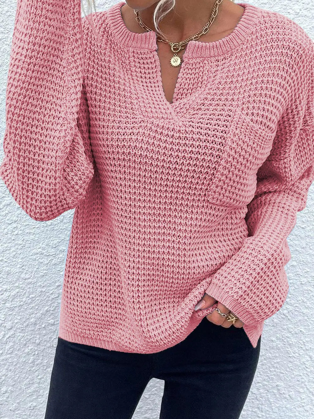 Notched Long Sleeve Sweater Fitggins