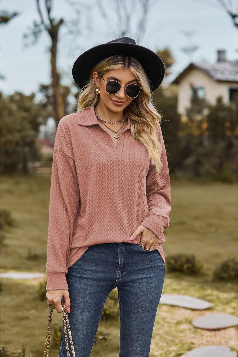 Collared Neck Cable-Knit Long Sleeve Blouse Fitggins