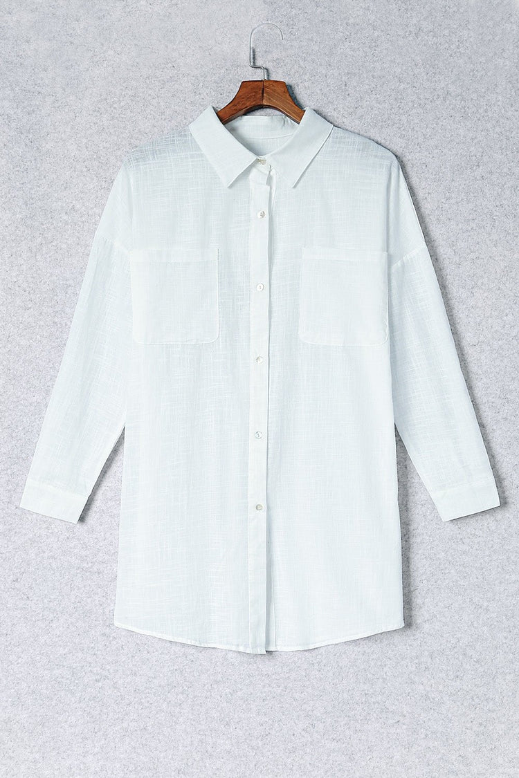 Button-Up Longline Shirt with Breast Pockets - Cover-Ups - FITGGINS