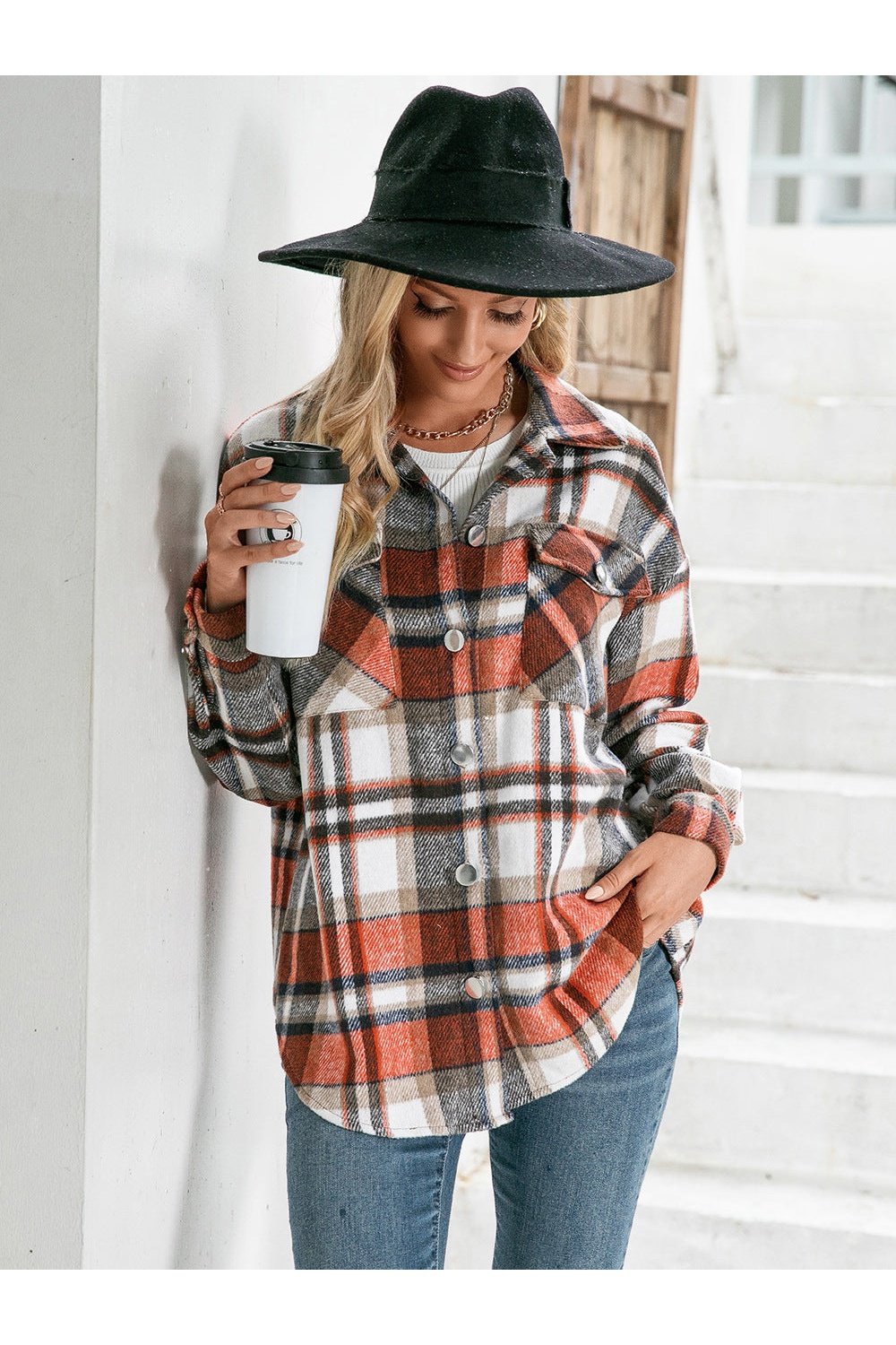 Meet You Outside Plaid Button Down Curved Hem Shacket - Jackets - FITGGINS