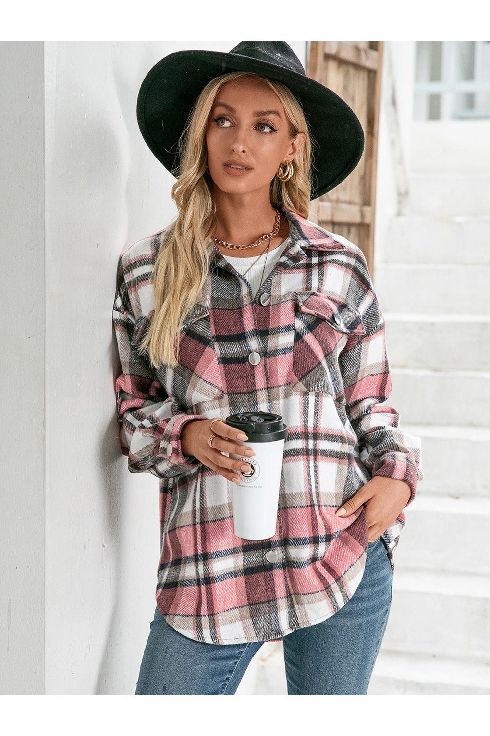 Meet You Outside Plaid Button Down Curved Hem Shacket - Jackets - FITGGINS