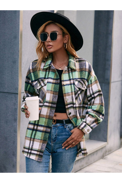 Meet You Outside Plaid Button Down Curved Hem Shacket - Jackets - FITGGINS