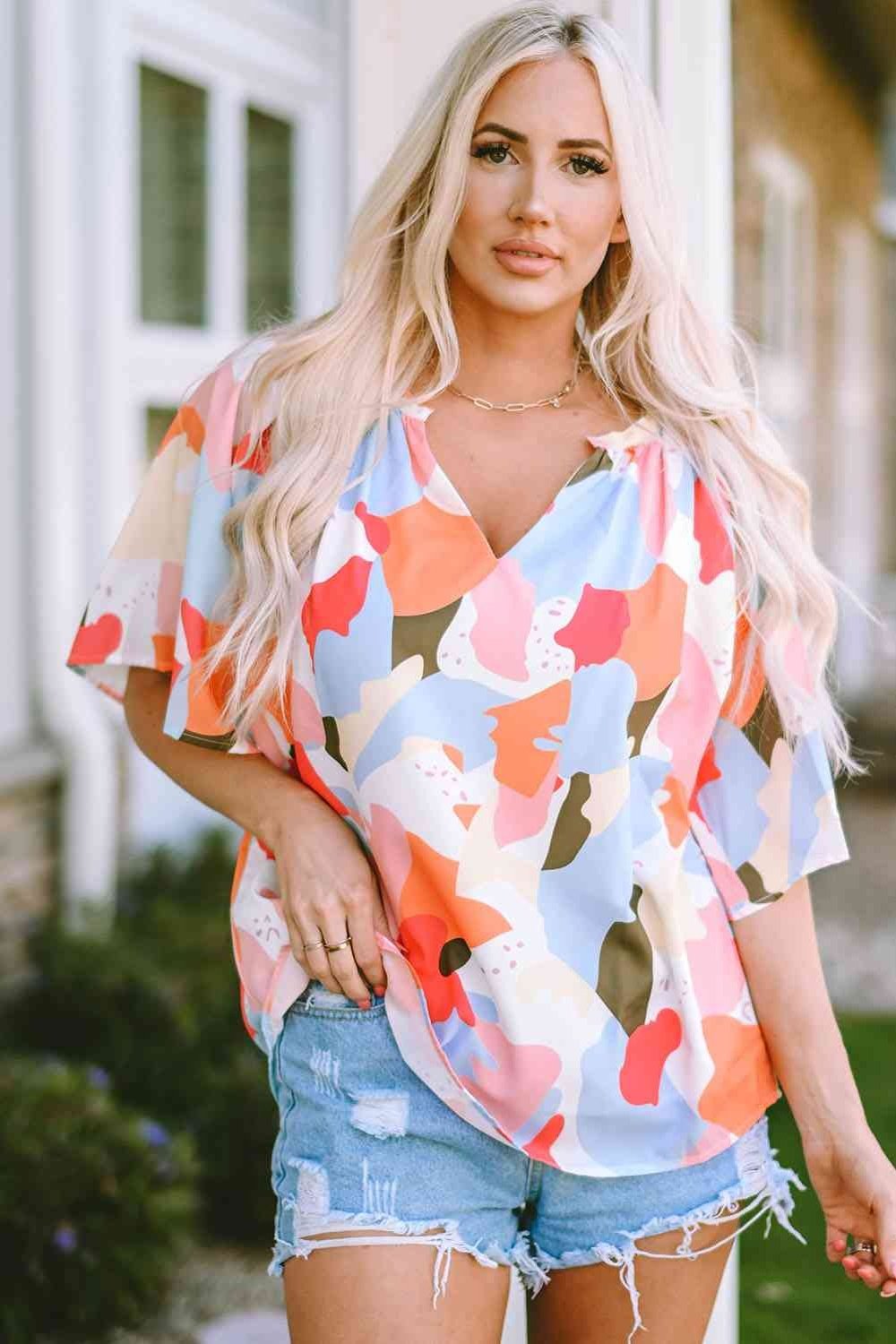 Printed Notched Neck Half Sleeve Blouse - Blouses - FITGGINS