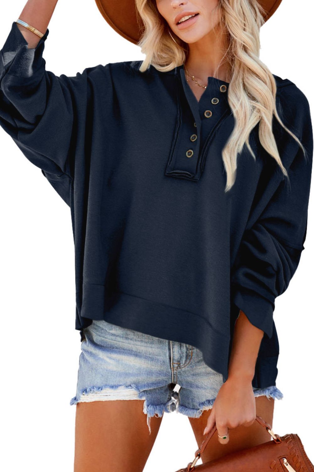 Quarter-Button Exposed Seam Dropped Shoulder Hoodie - Sweatshirts & Hoodies - FITGGINS