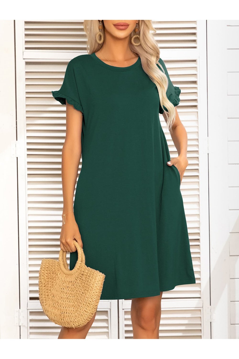 Round Neck Flounce Sleeve Dress with Pockets - Casual & Maxi Dresses - FITGGINS