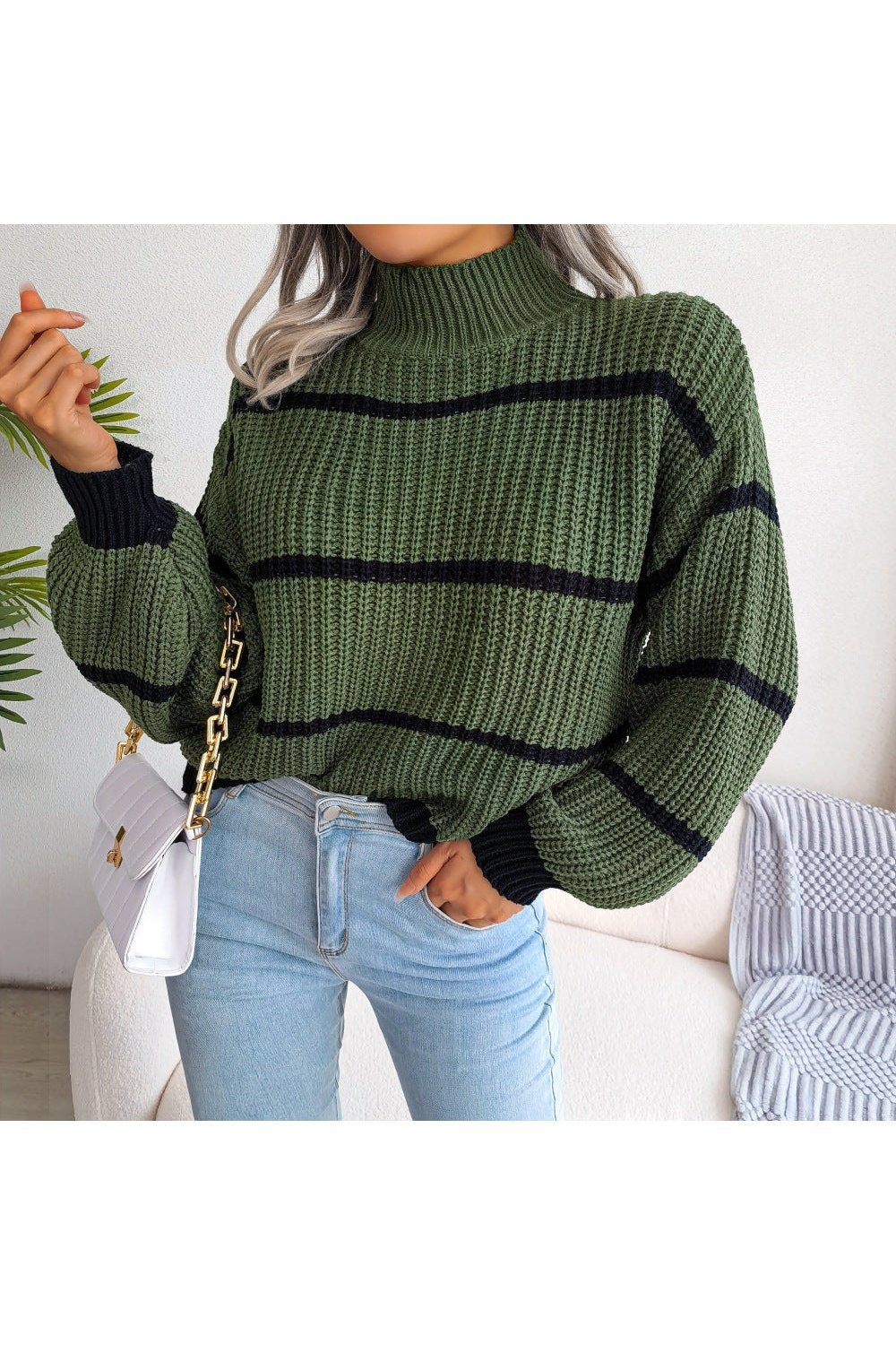 Striped High Neck Rib-Knit Lantern Sleeve Sweater - Pullover Sweaters - FITGGINS