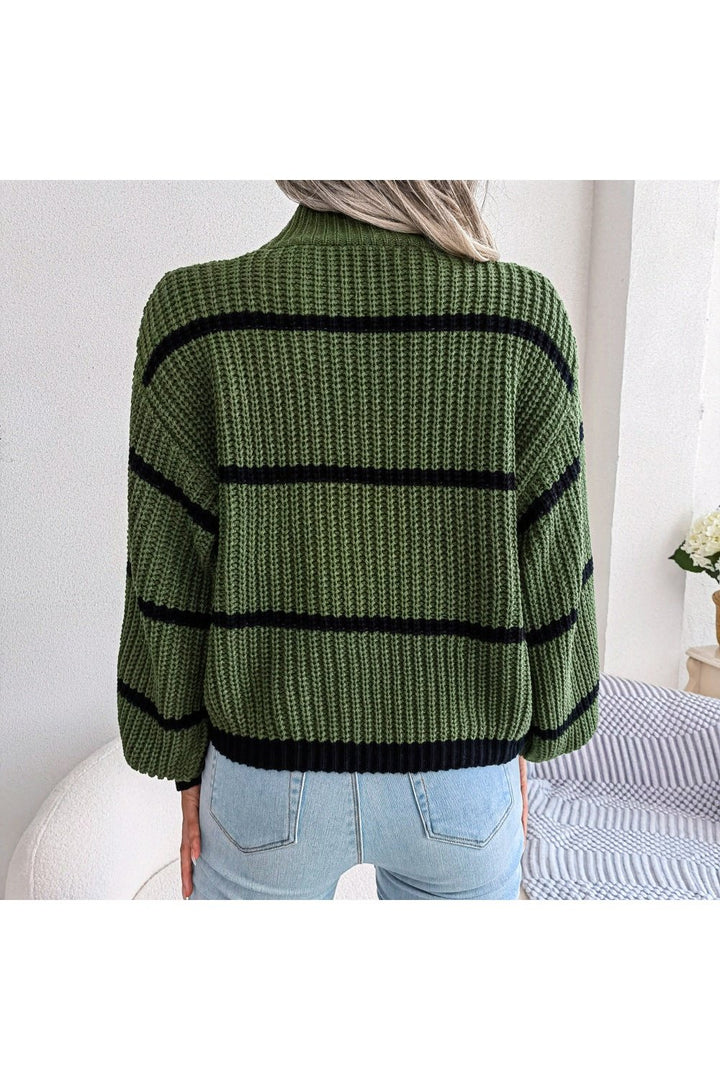 Striped High Neck Rib-Knit Lantern Sleeve Sweater - Pullover Sweaters - FITGGINS