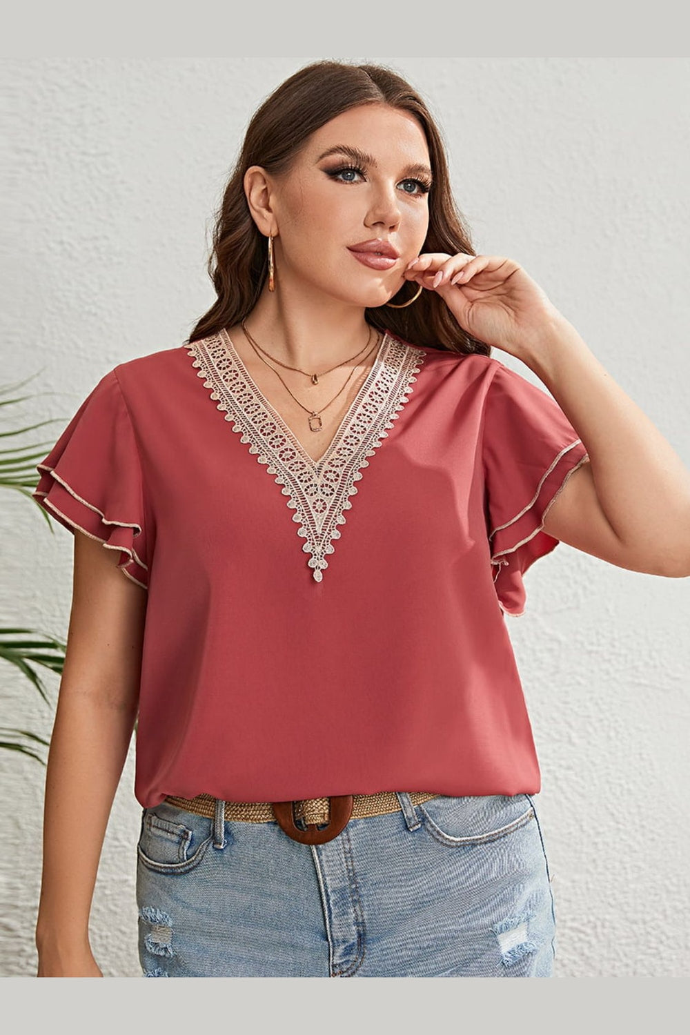 Honey Plus Size Contrast V-Neck Layered Flutter Sleeve Blouse - Blouses - FITGGINS