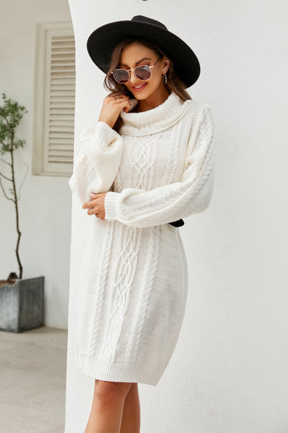 Woven Right Mixed Knit Turtleneck Lantern Sleeve Sweater Dress - Sweater Dresses - FITGGINS