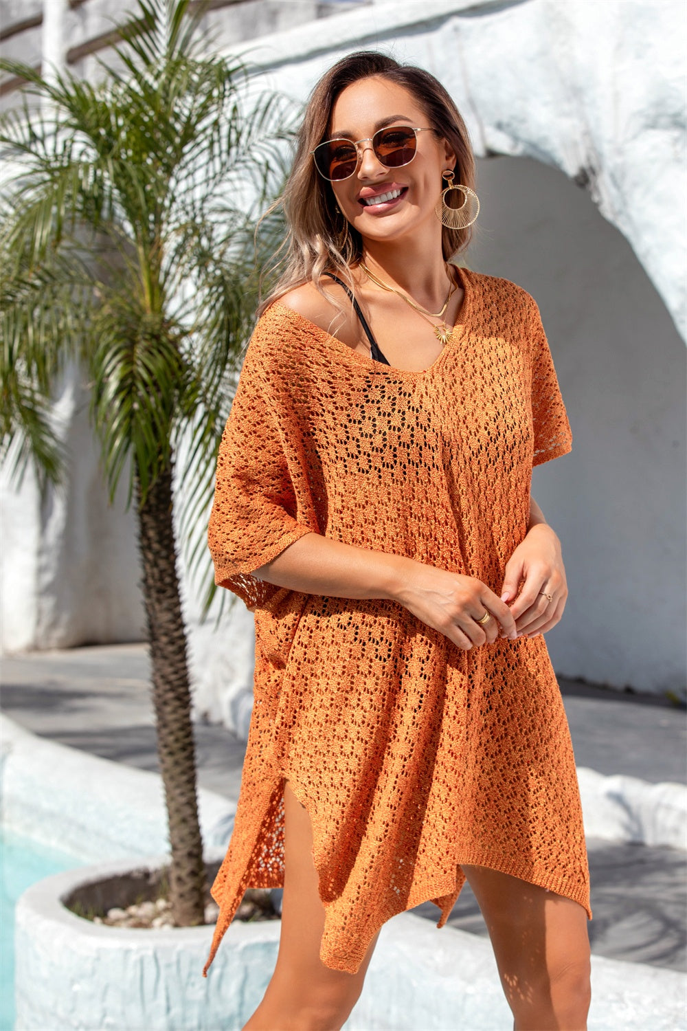 Openwork Slit Scoop Neck Cover Up - Cover-Ups - FITGGINS